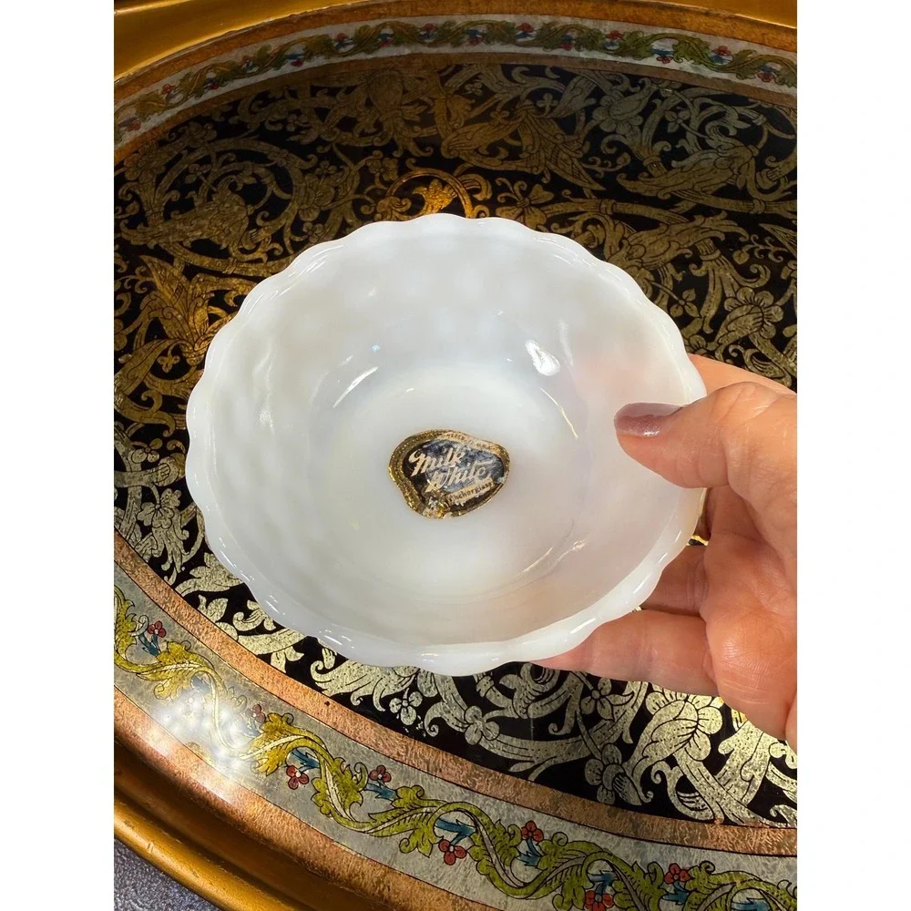 Vintage‎ Milk Glass Bowl with Label | Mid Century Scalloped White Dish 4.5
